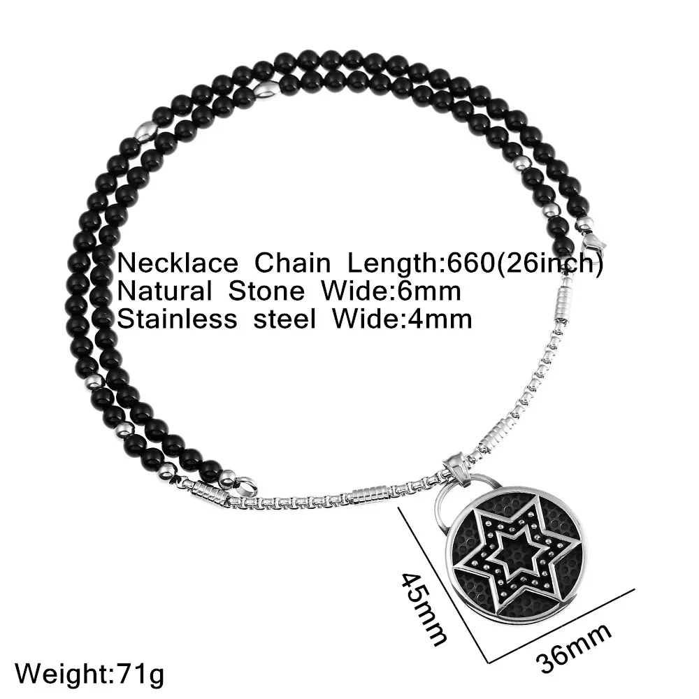 Men Star of David Hexagram Stainless Steel Pendant Necklace With Black Natural Stone Chain 26&quot | Украшения и аксессуары