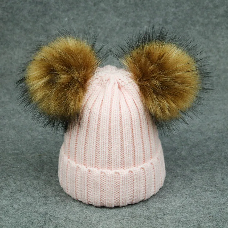 2018 искусственный мех двух пом для зимних Для женщин Шапки маленьких девочек