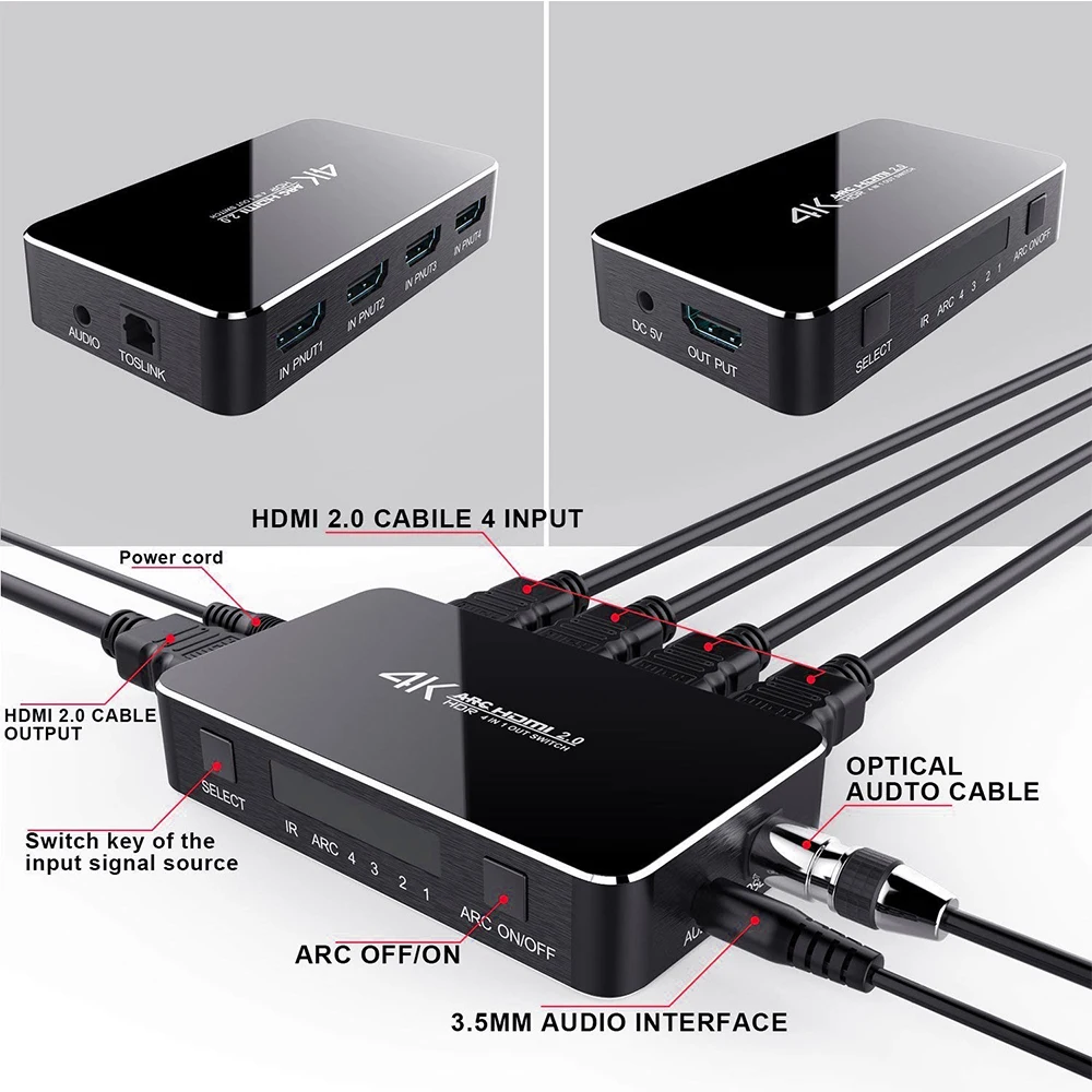 Perlinta HDMI коммутатор 4-1 4Kx2K@ 60Hz, кнопка и пульт дистанционного управления двойной переключатель HDMI 2,0 с оптическим TOSLINK SPDIF, 3,5 мм аудио