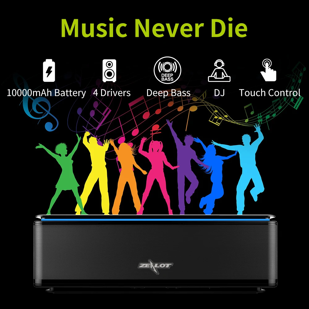 ZEALOT S7 мощный портативный Bluetooth динамик сабвуфер 4 громкий динамик s Hifi домашний кинотеатр звуковая система беспроводной динамик s