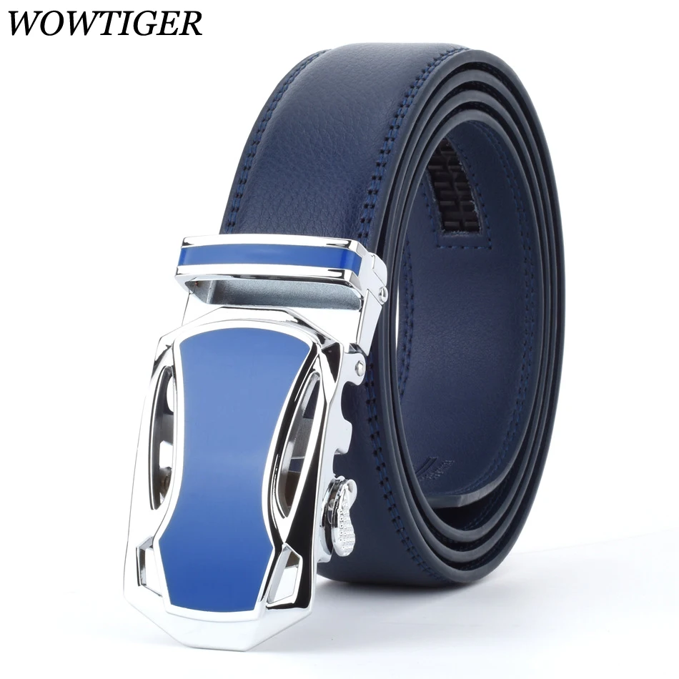 WOWTIGER New Fashion Designer Belts for Men Sliding Buckle Ratchet Luxury Leather Men Belt Automatic ceinture homme