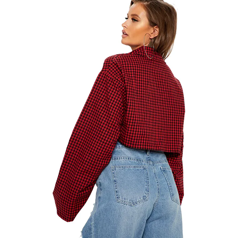 2019 Весенняя рубашка на пуговицах Женская клетчатая хлопковая блузка с длинным