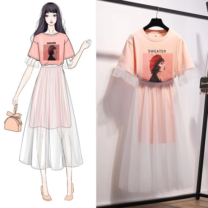 2019 Летняя женская одежда с коротким рукавом и круглым вырезом для девочек принт