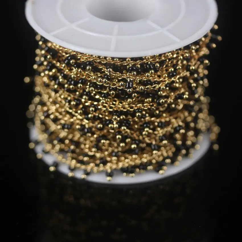 5 м/лот цепочка Розария из черного стекла покрытая золотом латунной проволокой