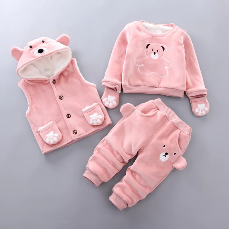 

4Color Girl Boy Winter Clothing Set Baby Kids Infant Cute Bear Cashmere Thick Warm 3pcs suits Children Pants Suits