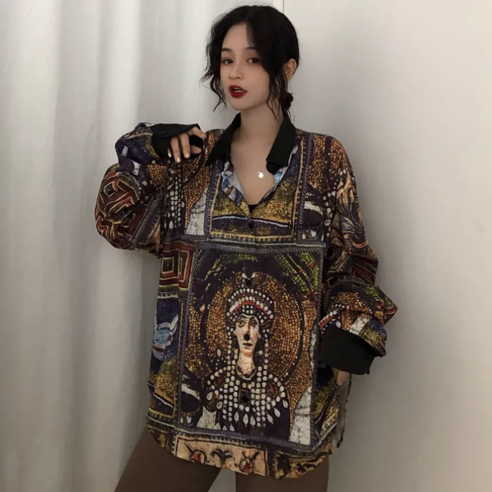 BF Harajuku уличная женская одежда блузки винтажная рубашка оверсайз с принтом