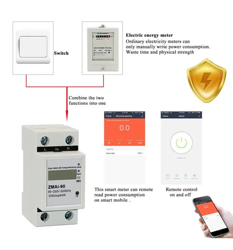Smart Life/tuya APP однофазный din-рейку wifi умный измеритель энергии Потребляемая мощность кВтч метр ваттметр 220 В, 110 В переменного тока 50 Гц/60 Гц