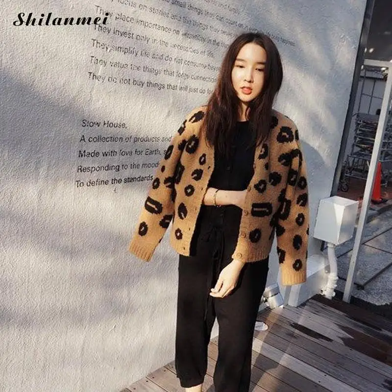 

Autumn Winter Leopard Print Knitted Cardigans Women Loose Knitwear Single Breasted Casual Cardigans Sweater Outwear Jacket Coat
