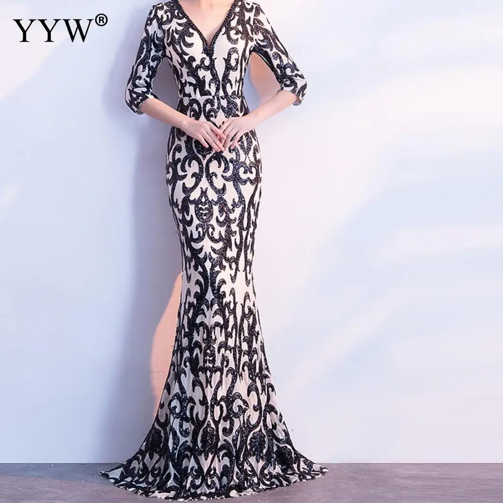 Sequin сексуальное вечернее платье с v-образным вырезом женское платье с полурукавом и вырезом на спине длинное платье в обтяжку женское сексуальное платье De Soiree элегантные платья