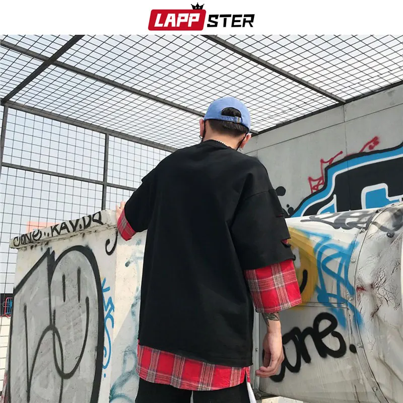 LAPPSTER летняя желтая клетчатая уличная футболка поддельные две части Harajuku Лоскутные футболки мужские Забавные футболки с длинным рукавом