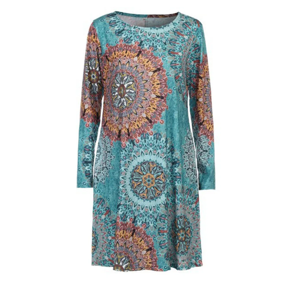 Женское короткое винтажное платье с длинным рукавом Boho Пляжное цветочным