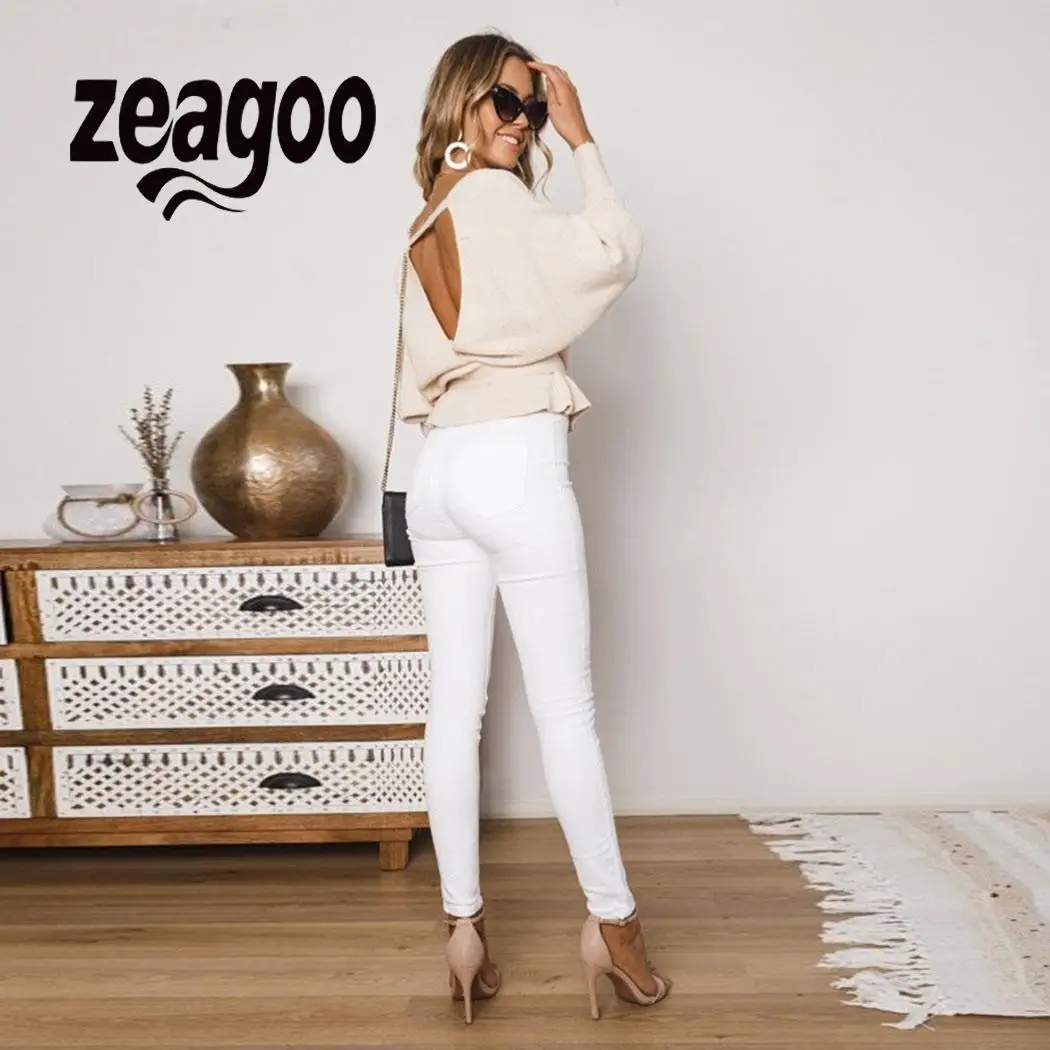 Женский трикотажный топ zeagoo с длинным рукавом и вырезом на спине абрикосовый
