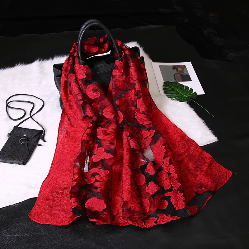 S9078 red Шелковый шарф женский летний легкий шарф из органзы S9076 - Цвет: S9078 red