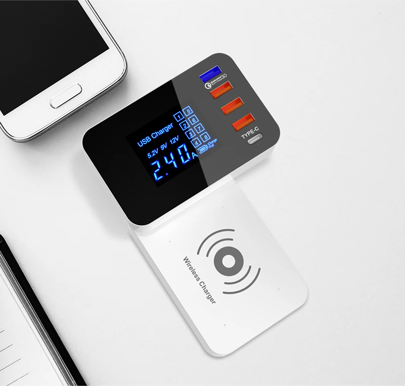 

Беспроводное зарядное устройство Quick Charge 3,0 QI, умное зарядное устройство USB Type-C, док-станция со светодиодным дисплеем, Настольная полоса