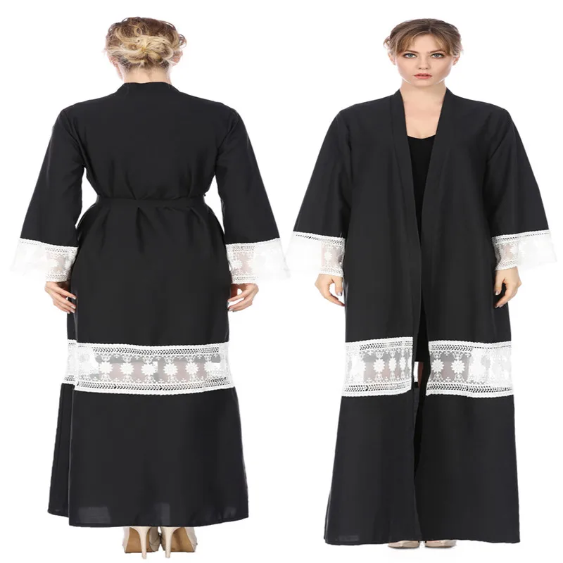 Новый черный Абаи длинные мусульманские платья Кружева Patchworking открытым халат
