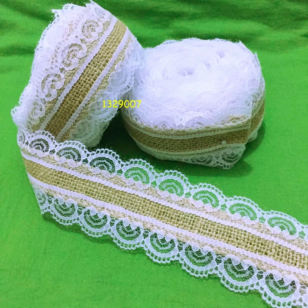 20 м натурального джута Барлеп Гессе ленты с белыми Кружево отделка края