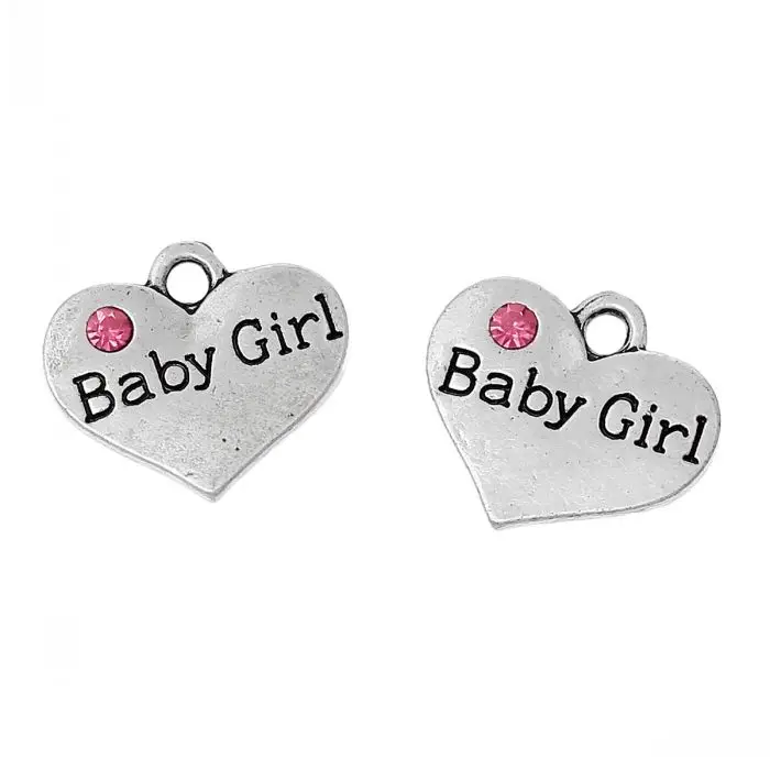 8SEASONS Charm Pendants Heart Silver Color Message &quotBaby Girl&quotCarved Pink Rhinestone 17.0mm x 15.0mm 20 PCs | Украшения и