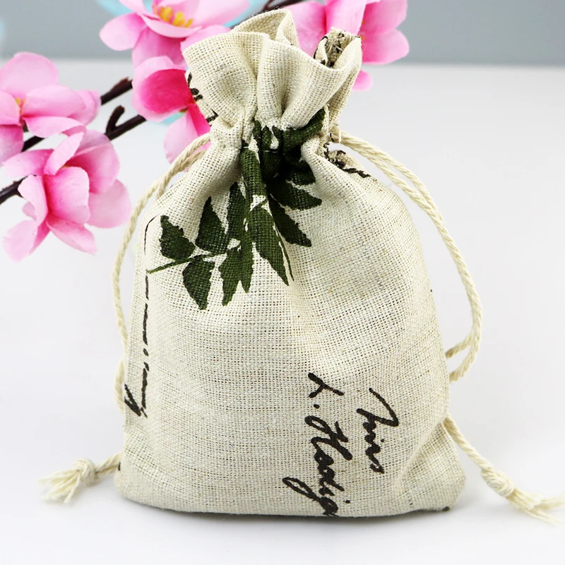 

(100pcs/lot) Wholesale 100% Natural Organic Muslin Cotton Drawstring Bag Leaf Print 100PCS 10x14CM