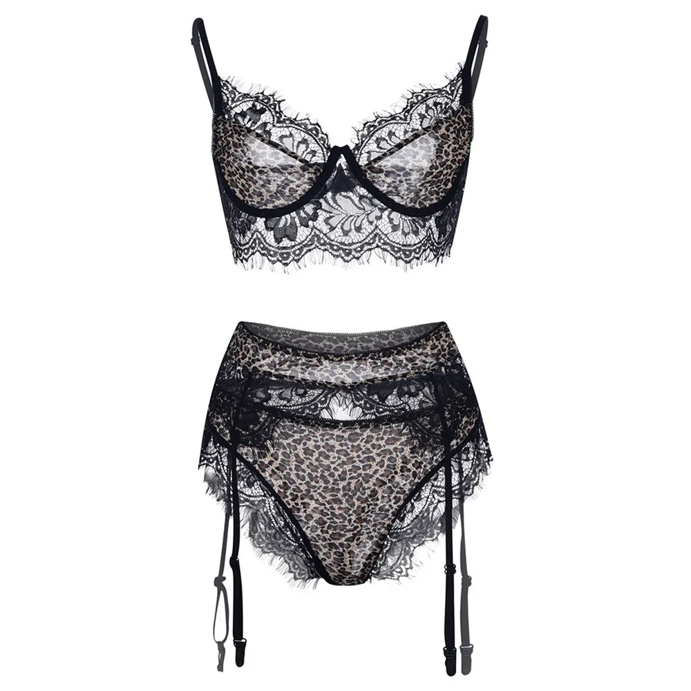 leopard Комплект женского нижнего белья с леопардовым принтом, 3 шт., эротические регулируемые бретельки, трусики-брифы, нижнее белье с подвязками - Цвет: leopard