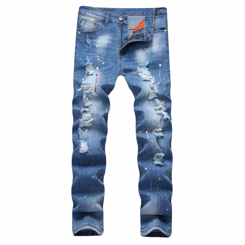 2020 Ripped Men Jeans Hip-hop INK Biker Skinny Punk Light Blue Brand Motorcycle Slim Fit Denim Pants Holes Men's | Мужская одежда