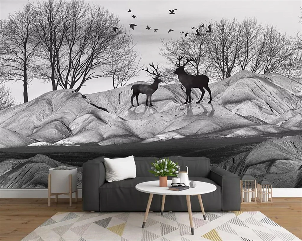 beibehang Wallpaper Custom 3D Nordic Minimalist Black Mountain Big Tree Flying Bird Elk Photo Mural Wall Living Room Background |