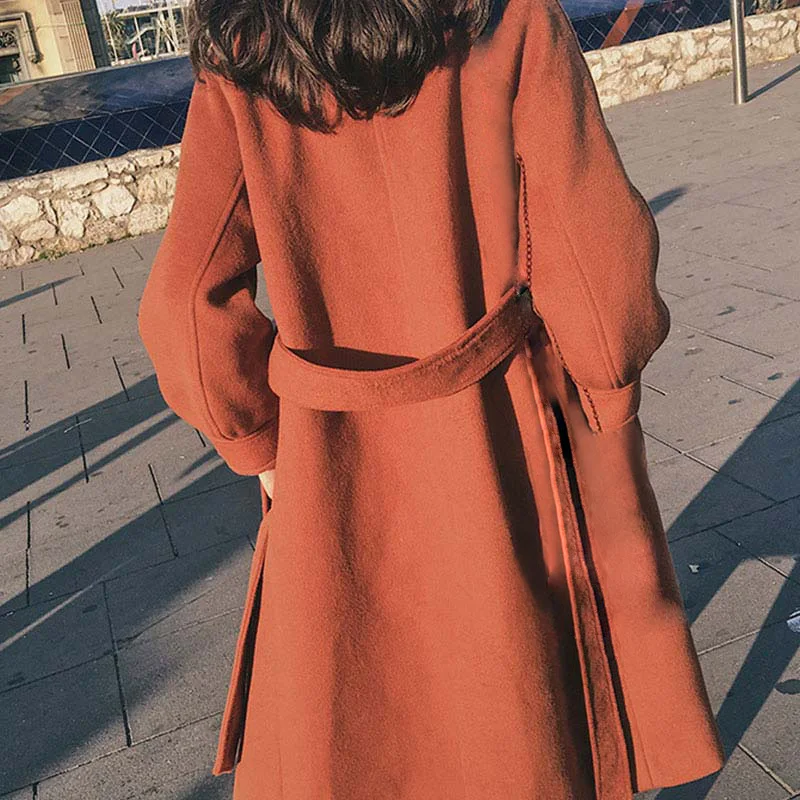 Зимнее длинное пальто с отложным воротником регулируемый пояс куртка размера