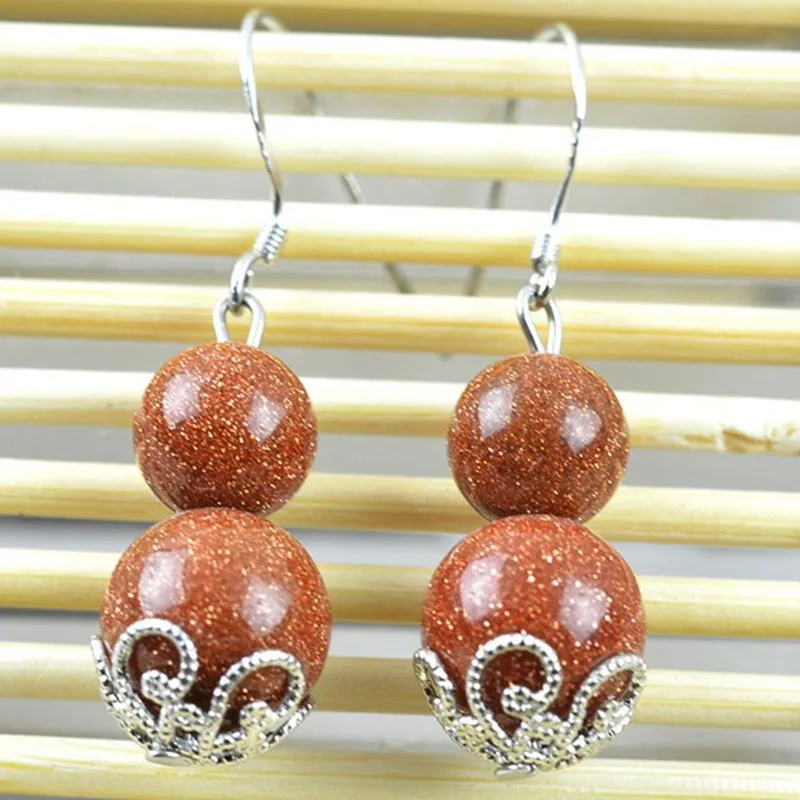 Серьги с натуральным золотым песком тыквы драгоценные камни бусины 10 мм