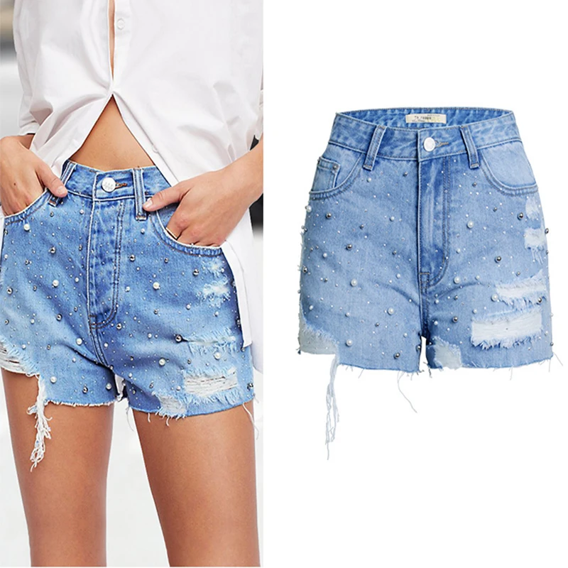 2019 летние джинсовые шорты для женщин уличная рваные потертые джинсы с бисером