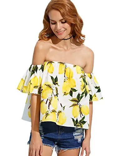 

Summer Fashion Women's Casual Plus Size 3XS-10XL Lemon Flora Print Off Shoulder Flare Sleeve Top Loose Blouse Black/White