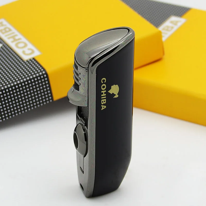 COHIBA карманный инструмент, блестящий желтый металл, форма рта змеи, Бутан, ветрозащитный 3 фонарь, зажигалка для сигарет - Цвет: Black with box