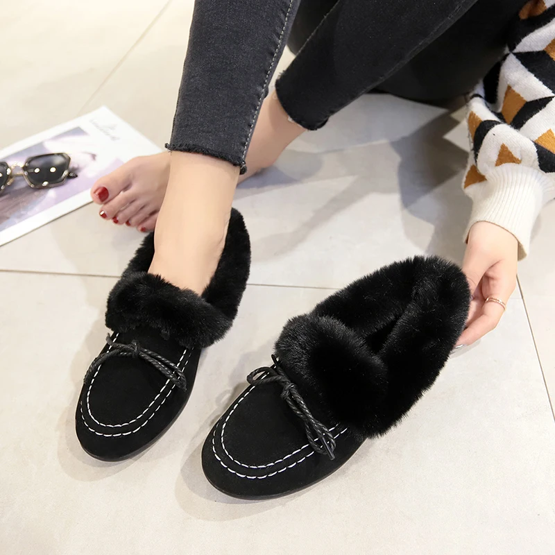 Women's Flats Fall Winter 2019 Fashion Fleece Faux Fur Loafers Black Brown Grey with Lace Bow Female Shoes | Обувь
