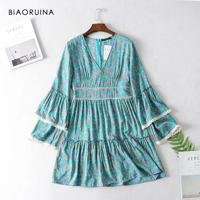 BIAORUINA женское синее платье с цветочным принтом лоскутное вышивка открытая