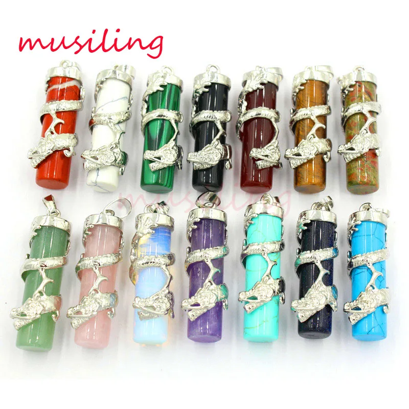 

musiling Jewelry Natural Gem Stone Dragon Cylindrical Pendant Pendulum Silver Plated Reiki Charms Jewelry For Men 13X Mix Order