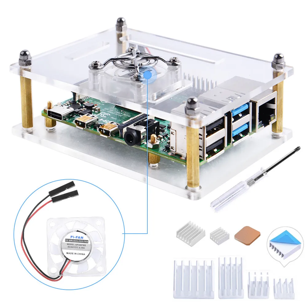 Прозрачный/темно-коричневый акриловый чехол GeeekPi для Raspberry Pi 4 Модель B, чехол с охлаждающим вентилятором для платы Raspberry Pi 4B/3B+/3B/2B