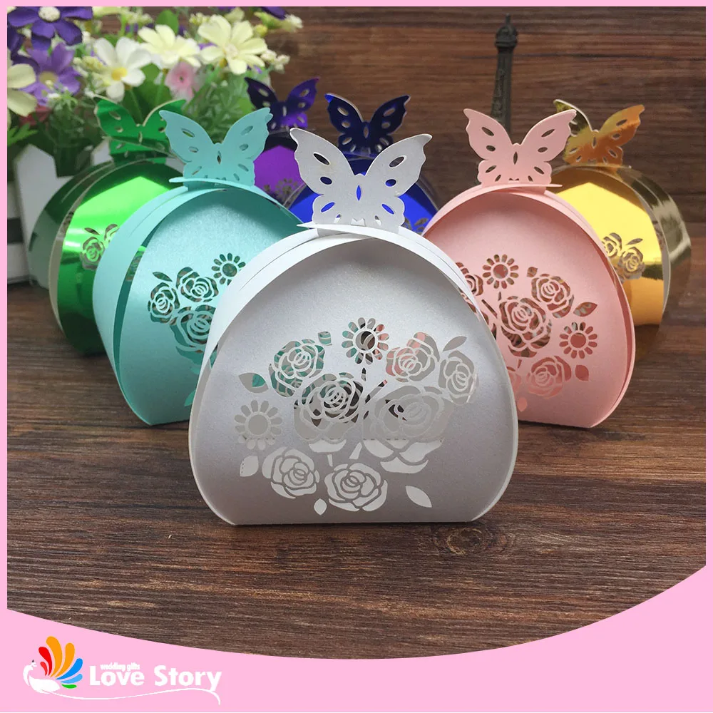 25 шт./упак. вырезанные лазером бабочки сувениры конфеты коробка роза цветок