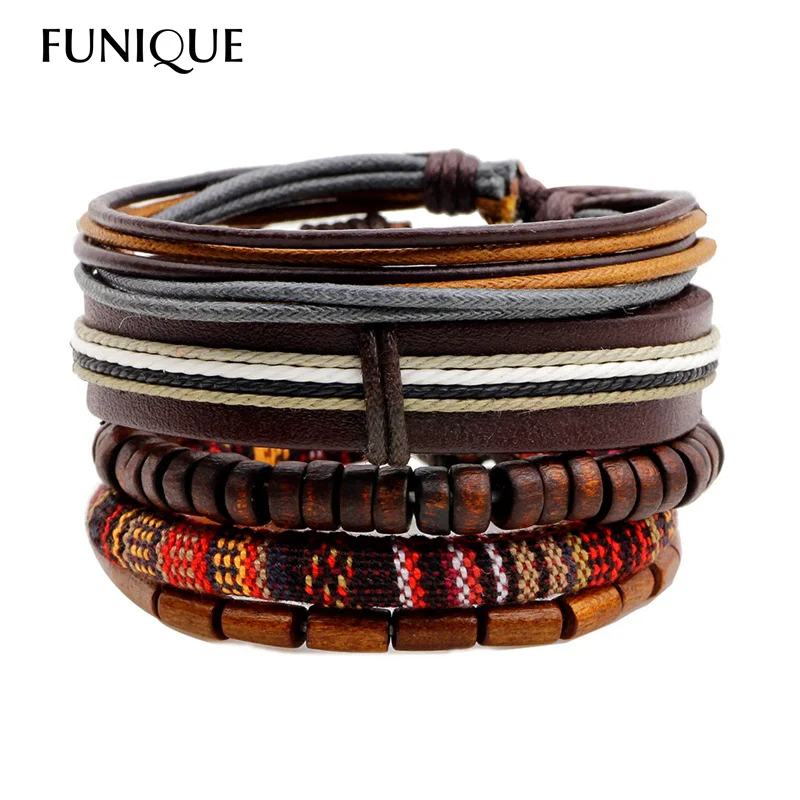 FUNIQUE 5 шт./компл. коричневый плетеный кожаный браслет многослойный Панк мужской