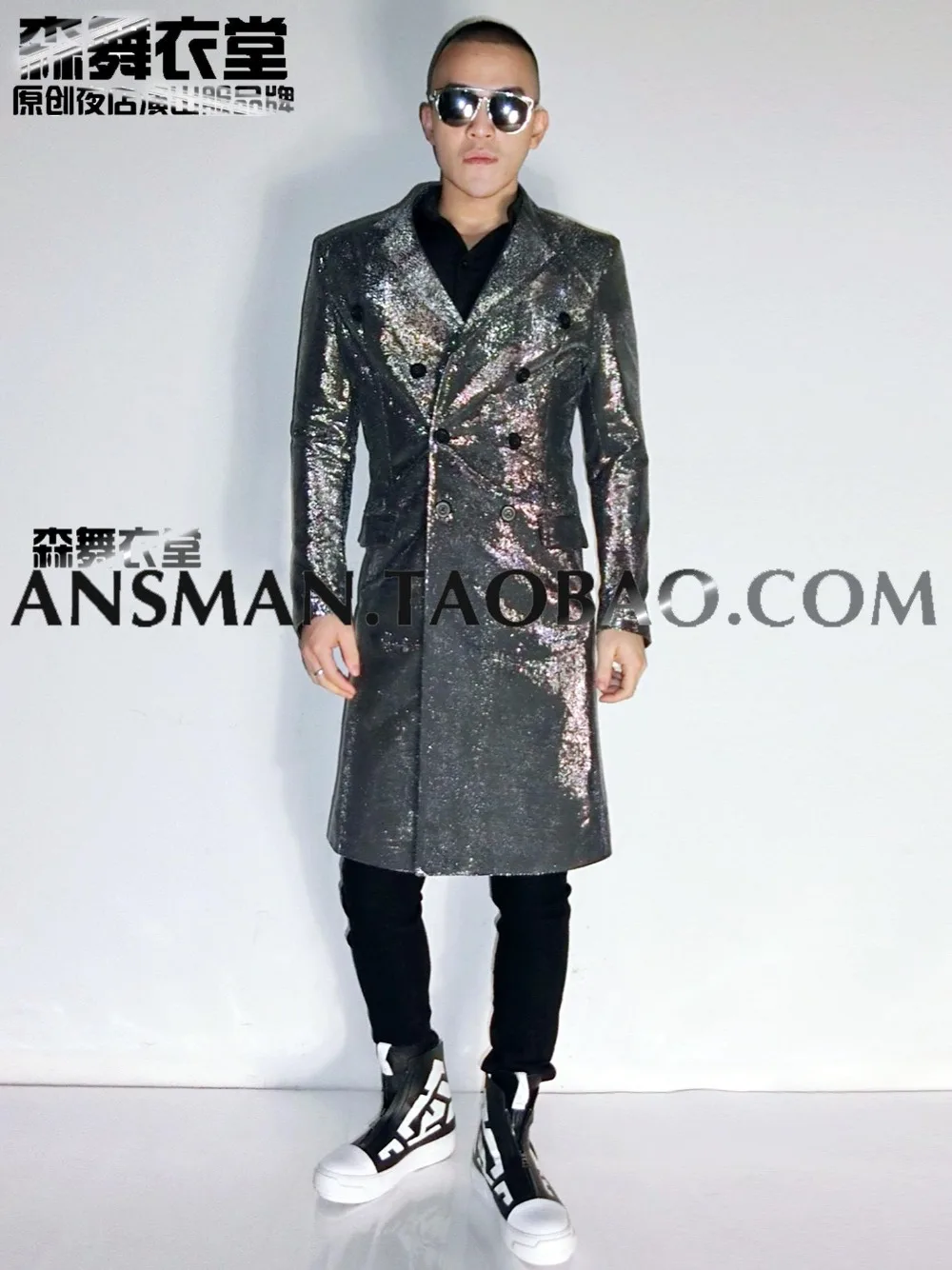 Men's Silver Super Flash Long Double-breasted Suits Coats Costumes Nightclub DJ Male Singers GD Stage Dresses | Мужская одежда