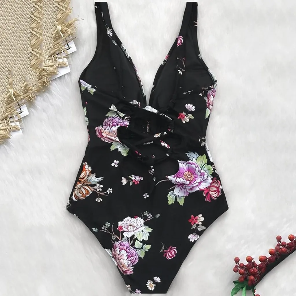 Женский слитный купальник бикини с глубоким v-образным вырезом и цветочным