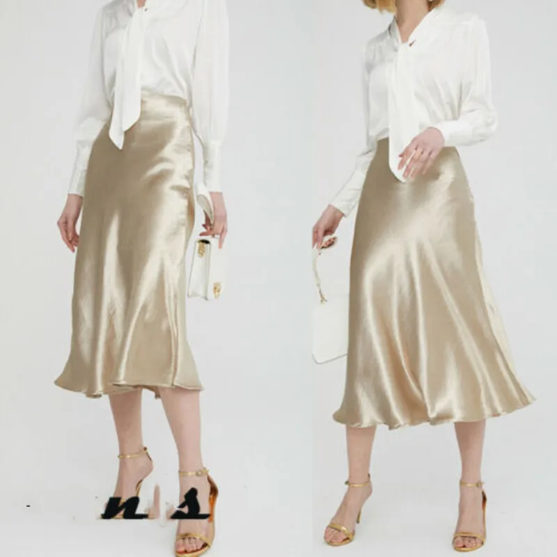 

Fashion Womens Skirt Glossy Skirts Metallic Shiny Polyester High Waist Midi Skirt Summer Irregular Solid Color Casual Skirt New