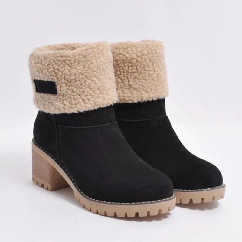 Women ankle boots 2020 Winter Shoes Woman Snow Boots with fur Square Heels flock platform big size 35-43 | Обувь