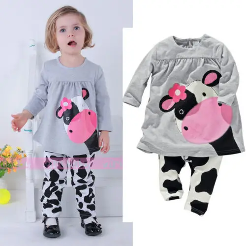 

UNIKIDS 2PC Baby Kids Girls Milk Cow Long Sleeve Tops Pants Outfit Clothes Homewear