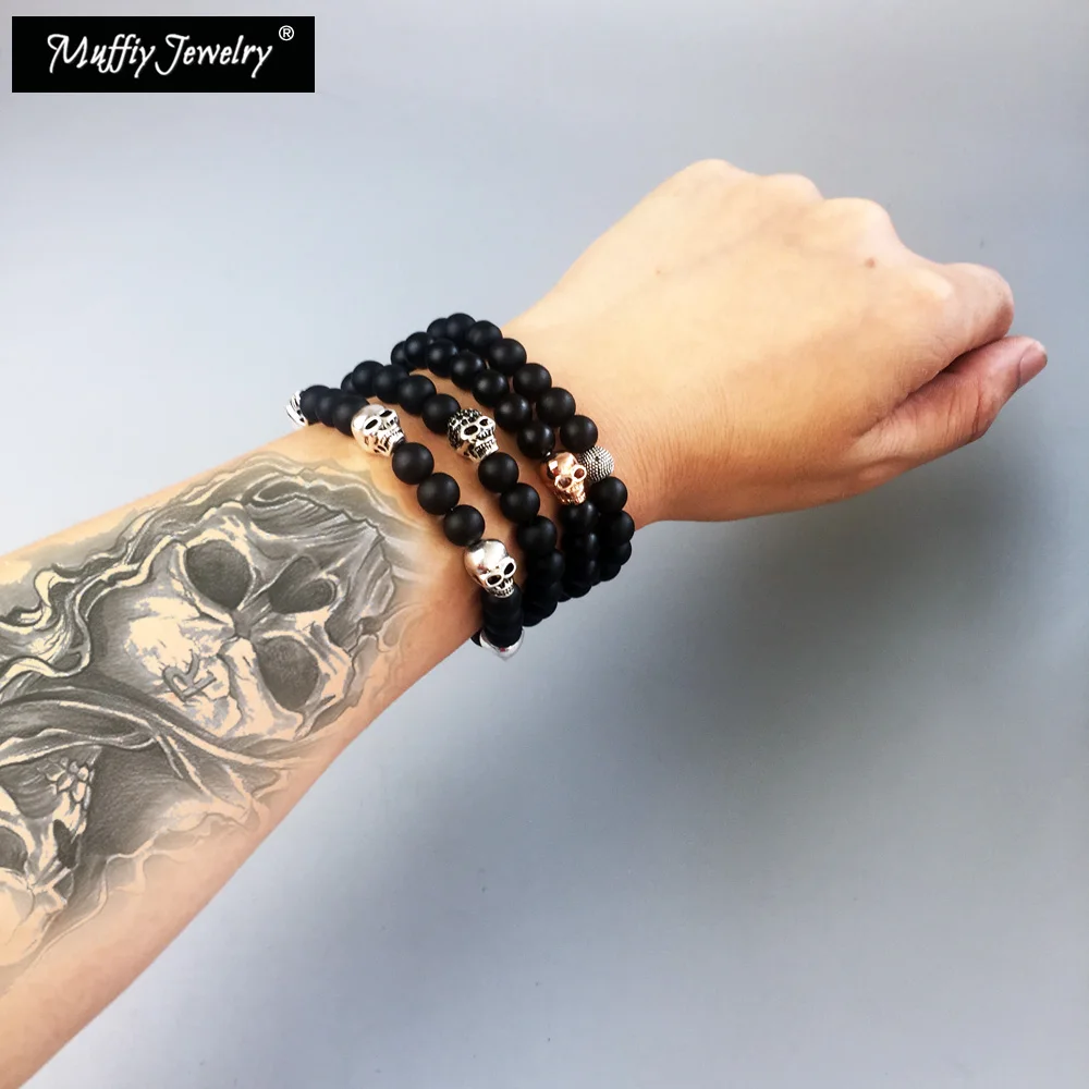Браслет с бусинами в виде черного черепа из обсидиана стиле TMS браслет сделай сам