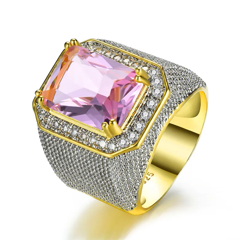 Pink Великолепное большое мужское женское розовое желтое синее белое кольцо с кристаллами, циркониевым камнем, Золотое обручальное кольцо для мужчин и женщин, большие обручальные кольца - Цвет основного камня: Pink