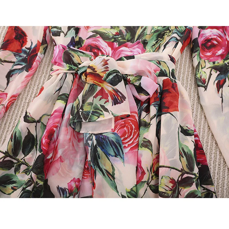 Высококачественное новое дизайнерское платье для женщин с принтом розы, элегантное, с широким разворотом, на праздничный ветер, длинный шарф для пляжа, весна-лето.