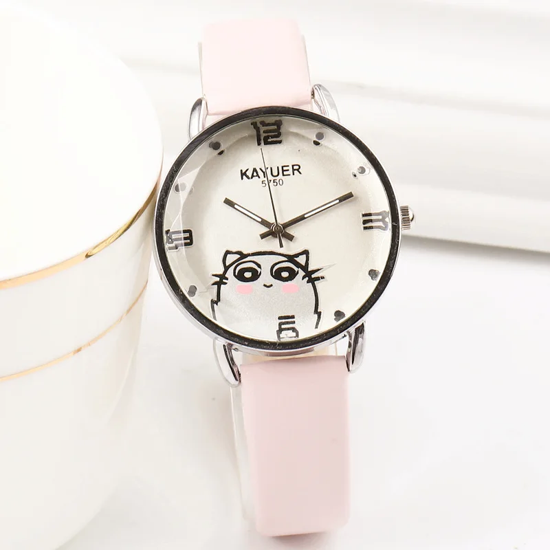 Pink Новые Брендовые Часы с милым котом из мультфильма, детские наручные часы с кожаным ремешком для девочек, детские кварцевые часы, милые часы, Montre Enfant - Цвет: Pink
