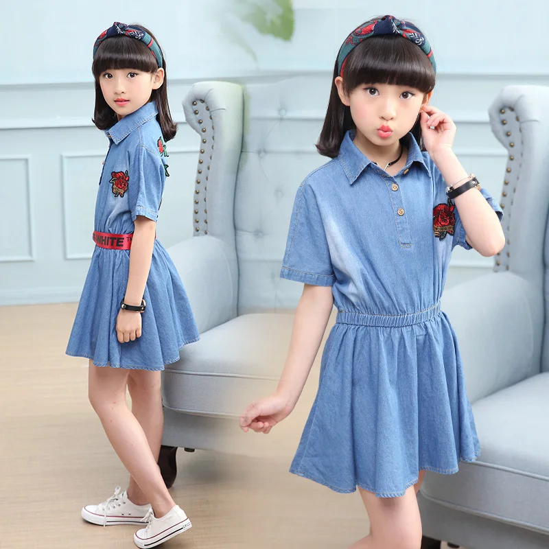 Kids Dresses For Girls Summer Toddler Girl Casual Dress Newest Denim for 6 8 10 12 13 14 years | Детская одежда и обувь