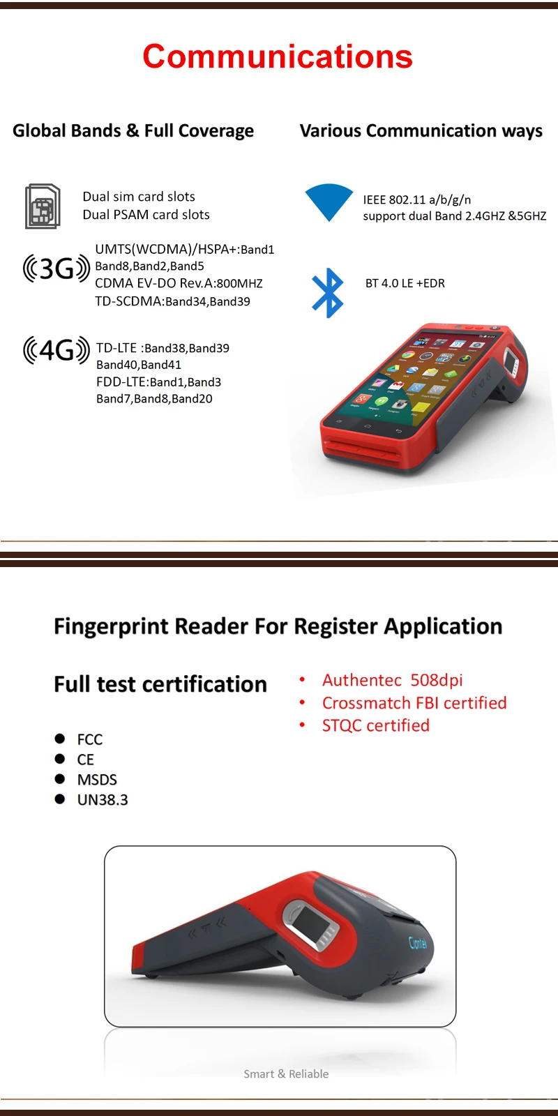 3g/4G/wifi 5,5 дюймовый сенсорный экран ручной Edc отпечатков пальцев pos-терминал для Android с принтером NFC считыватель HCC-Z100