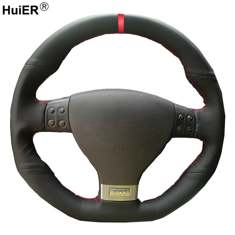 

HuiER Hand Sewing Car Steering Wheel Cover Red Marker For Volkswagen Golf 5 Mk5 GTI VW Golf 5 R32 Passat R GT 2005 Comfortable