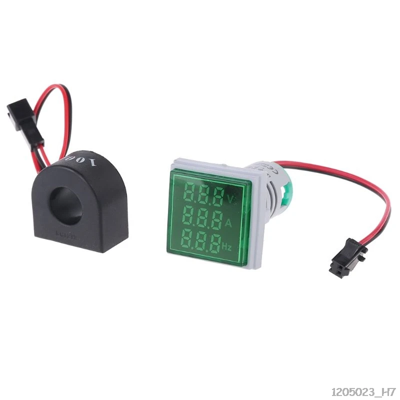 Green Digital 3in1 AC Ammeter Voltmeter Hz Current Frequency Meter Square Signal Light 22mm Digital Voltage Amp Hz Led Lamp Indicator - Color: Green