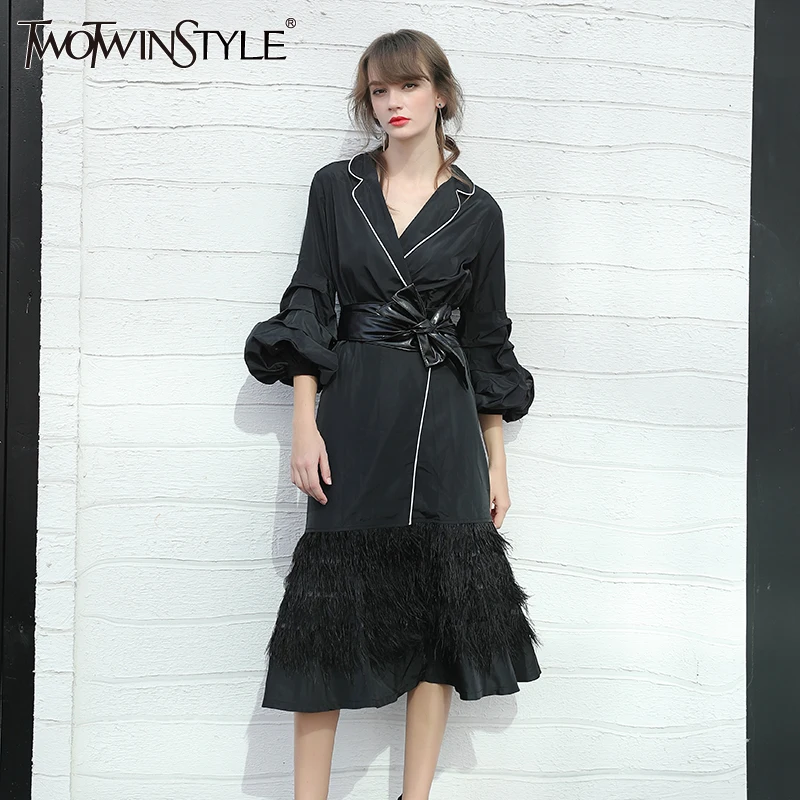 Twotwinstyle Puff длинным рукавом черный Для женщин ветровка Тренч женский Кружева Up кардиган с Перо подол юбки осень